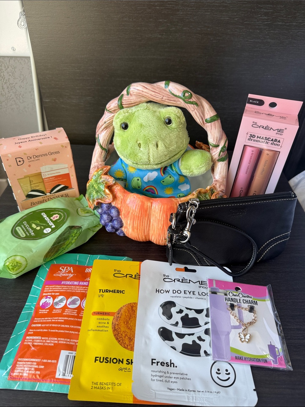 Bundle includes coach wristlet Green Frog Plush pumpkin basket